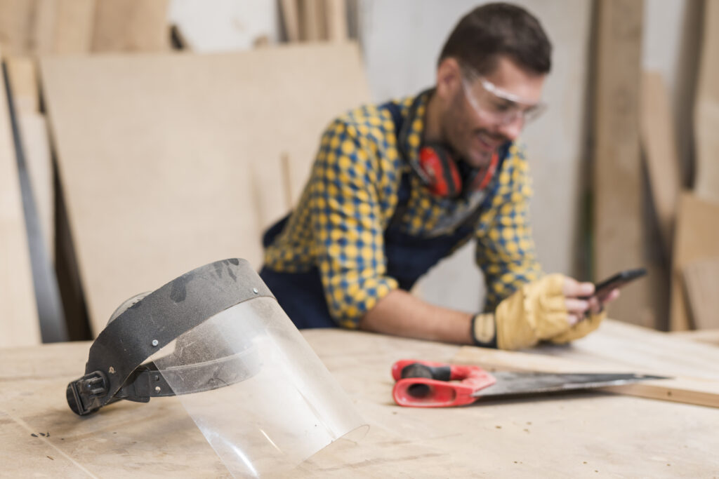 Tradesmen using mobile phone